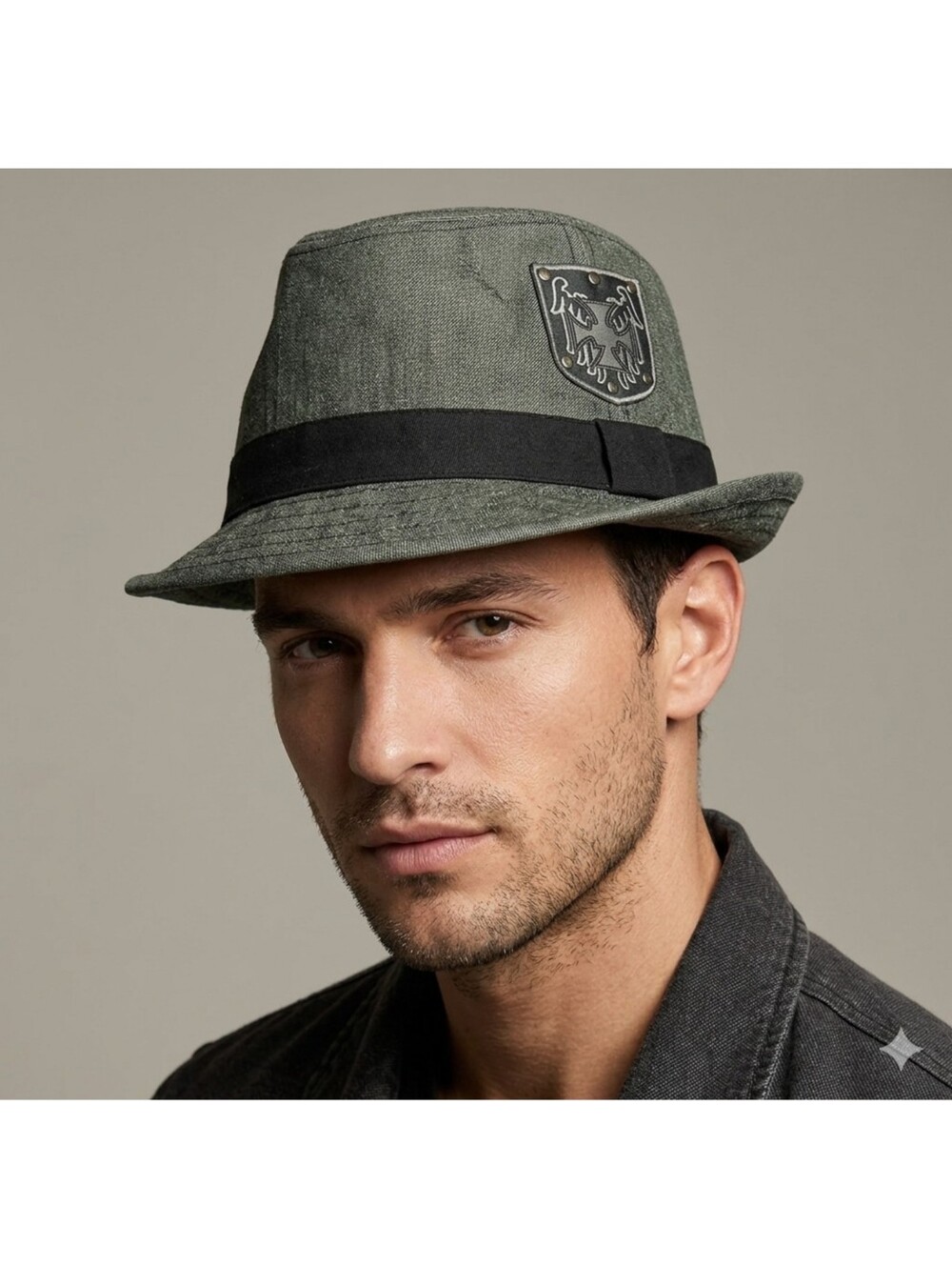 Men's Vintage Grey Denim Fedora Style Bucket Hat with Custom Gothic Patch